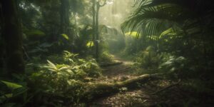 Rewilded African jungle overgrown with exotic plants. Background. A beautiful path through the impenetrable jungle. Tropical paradise.